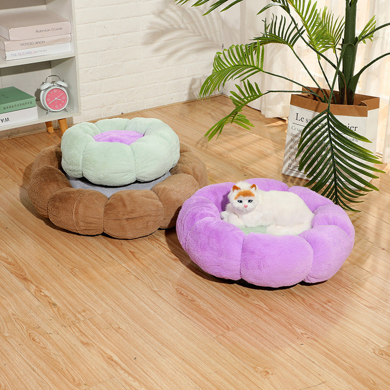 Velvet Round Flower Cat Bed