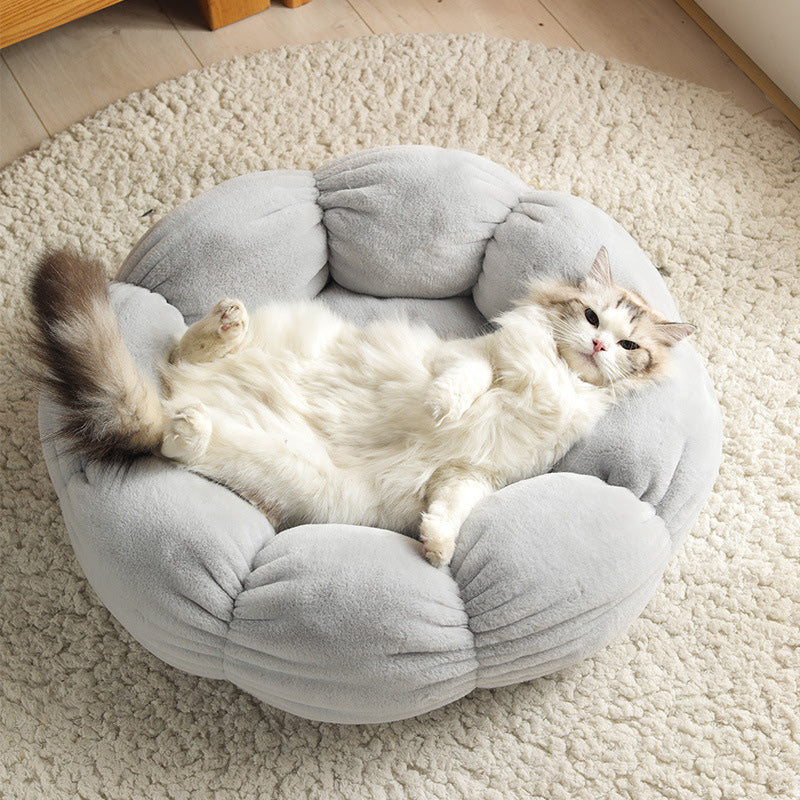 Velvet Round Flower Cat Bed