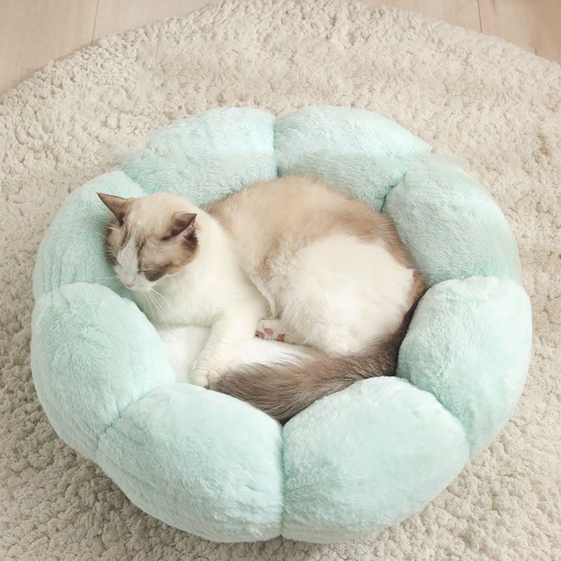 Velvet Round Flower Cat Bed