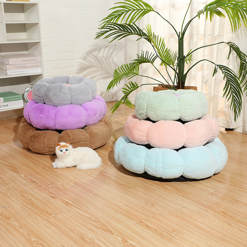 Velvet Round Flower Cat Bed