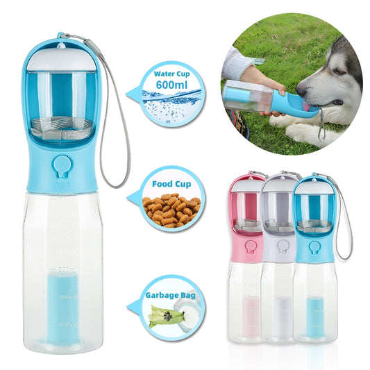 Portable Pet Water Bottle And Food Feeder/Poop Bag Dispenser 3 In 1 Leak-proof